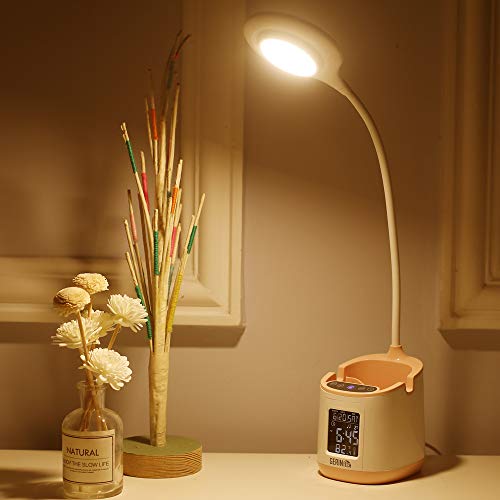 Gerintech LED Desk Lamp with Clock, Battery Operated Table Lamp with Pen Holder for Kids Dorm