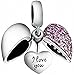 I Love You Heart Charm 925 Sterling Silver Dangle Bead Crystal Valentine's Day Gifts Fits Pandora European Bracelet Necklace(Fushcia -1)