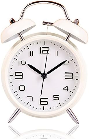4" Twin Bell Alarm Clock, Metal Frame 3D Stereoscopic Dial with Backlight Function, Battery Operated Desk Table Alarm Clock for Heavy Sleepers and bedrooms (White)