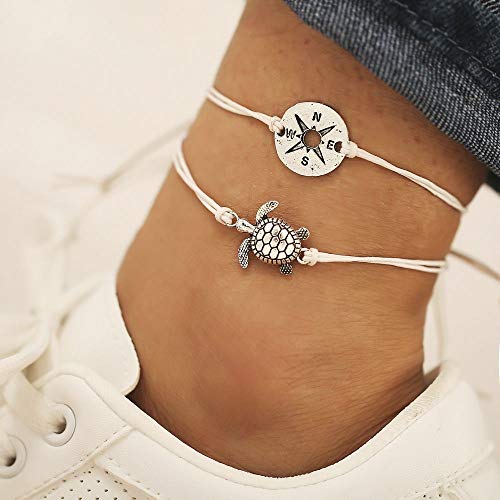 Savannah Ankle Bracelet- 12pc Women's Ankle Bracelet, Anklets for Teen Girls, Turtle Bracelet- Adjustable Handmade Bracelet, Rope Bracelet with Shell, Bead, Starfish, Cardinal Points and Dolphin