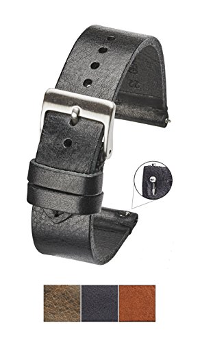 Hand Made Genuine Vintage Leather Watch Strap with Quick Release Steel Spring Bars - Black - 18mm (fits Wrist Size 6 1/4 inch to 8 inch)