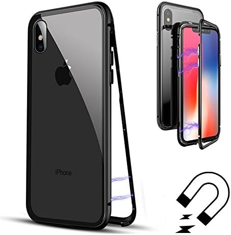 iPhone X Case, TUPELO Ultra-Thin Lightweight Case [Magnetic Adsorption Technology] [Metal Frame Tempered Glass Back] [Support Wireless Charging] (Black Frame + Clear Back)
