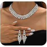 JWICOS Bride Wedding Necklace Earrings Set Silver Rhinestones Necklaces Bridal Crystal Jewelry Set Accessories for Women (Style 2)