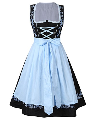 KoJooin Women's 3 Pieces Costumes Embroidery Oktoberfest Dirndl Dress Black-Blue 34