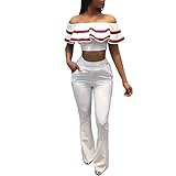Lkous Women Off Shoulder Flounce Crop Top and Wide Leg Long Pants 2 Piece Outfit Set