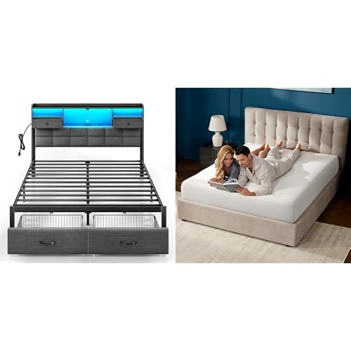Rolanstar Full Size Bed Frame with 10 Inch Gel Memory Foam Mattress, LED Metal Platform Bed with USB Charging & Storage Headboard, Grey, CertiPUR-US Certified Mattress Image