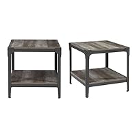 Walker Edison Rustic Farmhouse Square Wood Side End Accent Table Living Room 2 Tier Storage Shelf, Set of 2, Grey