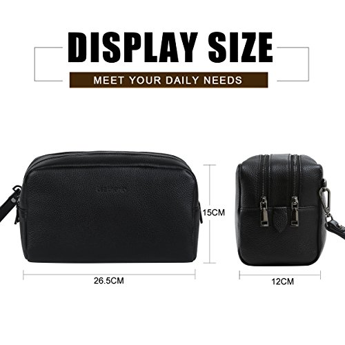 Leathario leather toiletry bag for men Travel Hanging genuine leather Two-layered storage sections organizer black