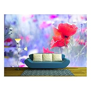 Field of Bright red Poppy Flowers in Summer - Removable Wall Mural | Self-Adhesive Large Wallpaper - 66x96 inches