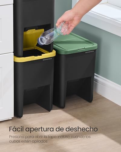 Cubo de Basura, Juego de 3 Cubos Apilables, Papeleras, 20 L Cada, Sistema de Separación Residuos, Tapas Apertura a Presión, Pegatinas, Almacenaje, Amarillo, Azul y Verde LTB763BZ01