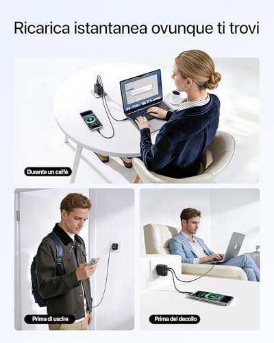 Enerfill Caricatore USB C 70W, Caricatore Rapido GaN6 a 3 Porte, Alimentatore Compatto per MacBook Air, iPhone 17/16/15 Pro Max, iPad Pro, Galaxy S25/S24, Pixel, Laptop e altro