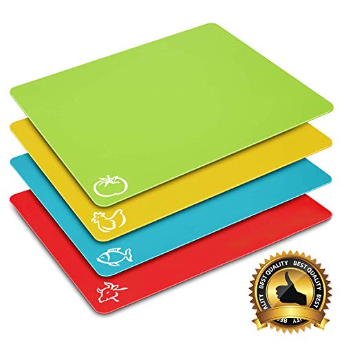 Durable Flexible Cutting Board, XL Cutting Board Mats Set with Food Icons for Kitchen, RV, Bar, BPA Free & FDA Approved (Set of 4)