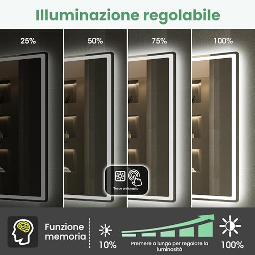 S'bagno Bluetooth-Mirror-Bathroom-with-Light-LED-100 x 70 cm, Mirror-Bathroom-LED-Anti-Fog, 3000K-6500K, Dimmable, Memory, Tempered Glass HD, IP44-Mirror-Backlit-Bathroom, Horizontal/Vertical