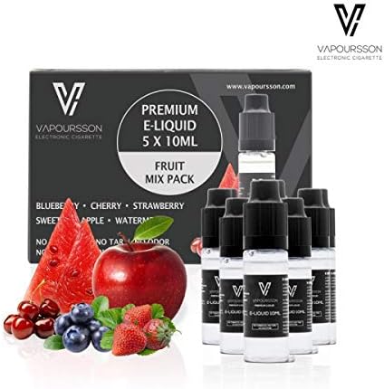 VAPOURSSON 5 X 10ml E-Liquid Mixed Fruits Apple Blueberry Cherry Strawberry Watermelon - for Electronic Cigarette and E Shisha - Vape e-Juice 50/50 PG VG Cloud Chaser Flavour Mix