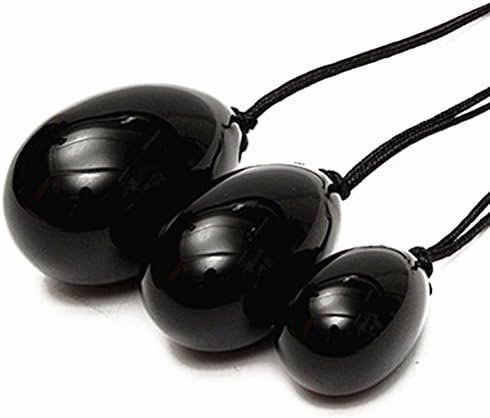 BANGCHIC Jade Egg Yoni Egg Massage Stone Exercise Egg, 3Pcs Set,Made of 100% Natural Black Obsidian, Drilled, with velet, L/M/S 3 Sizes for Training Yoni Love Muscles