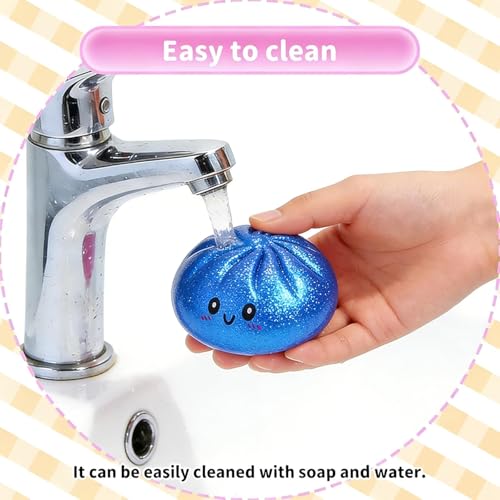 Glitter Dumpling,Blue Glitter Dumpling Squishies Box,Squeeze Dough Ball Stress Relief Hand Toys with Food Steamer Stretchy Desk Toys for Adults(Blue) (1)