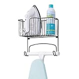 mDesign Metal Wall Mount Ironing Board Holder with Large Storage Basket - Holds Iron, Board, Spray Bottles, Starch, Fabric Refresher for Laundry Rooms - Matte Black