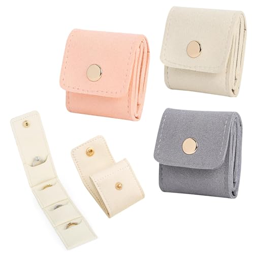 Blytheyes Mini Travel Jewelry Bag, Mini Travel Jewelry Roll Bag with Buckle, Jewelry Rolls (grey-beige-pink)