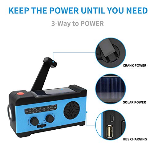 Emergency NOAA Weather Crank Solar Powered Portable Radio with 2000mAh Battery Power for Cell Phone, Bright Flashlight and SOS Alarm for Household Emergency and Outdoor Survival