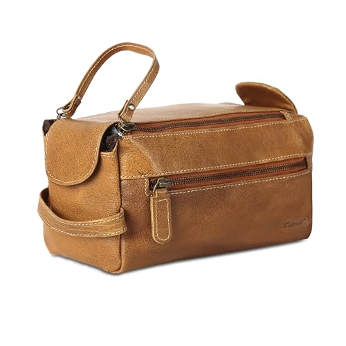 KomalC Premium Buffalo Leather Toiletry Bag for Men & Women – Leather Dopp Kit With Water resistant Lining, Premium Toiletry Travel Pouch, Unisex Wash Bag for Toiletries, Gifts for Men and Women