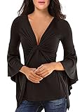 LOSRLY Womens Fitted Cross Front Twist Knot V Neck Flare Long Sleeve Tops and Shirts PRIME Black L 12 14