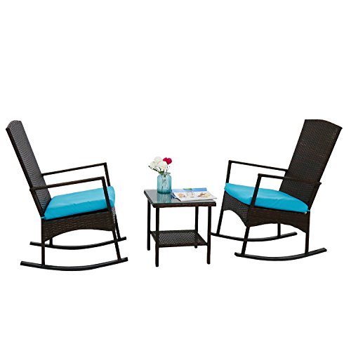 Peach Tree Rattan Rocker Chair Outdoor Garden Rocking Chair Wicker Lounge w/Turquoise Cushion and Tea Table