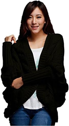 Groupup Women Thick Loose Asym Hem Batwing Cable Knit oversized Cardigan Sweater (Black)