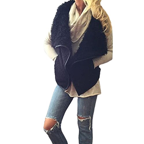 AOJIAN Women Jacket Sleeveless Outwear Vest Plush Pocket Gilet Waterfall Open Front Waistcoat Coat Black - Thumbnail 5