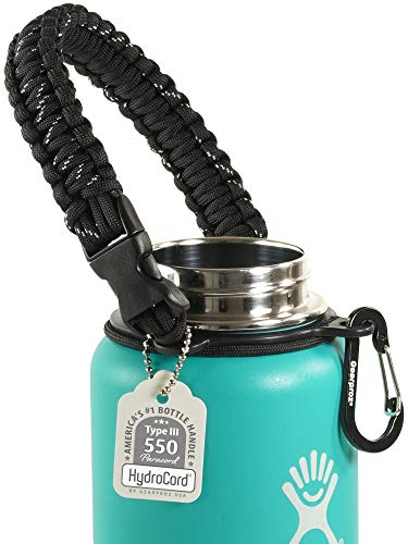 Gearproz Handle for Hydro Flask, Nalgene, Takeya - America's No. 1 Paracord Water Bottle Carrier with Safety Ring - Fits Wide Mouth 12 oz to 64 oz Flasks (Black Speckled)