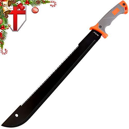 Grand Way Sawback Tactical Machete Knife 18 inch - Large Garden Machete Knives with Black Blade & Rubber Handle - Best Military 420 Steel 13153