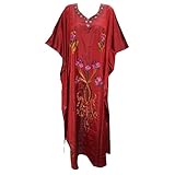 Womens Kaftan Housedress Kashmiri Embroidered Maroon Maxi Caftan Evening Dresses XXXL