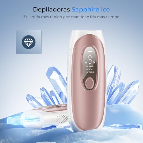 Depiladora Laser con Tecnología de Refrigeración con Zafiro, Depiladora Luz Pulsada Flashes Ilimitados, 2 Modos, 9 Niveles de Intensidad para Bikini, Axilas, Cara, Cuerpo, Mujeres y Hombres, Rosa