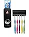 RC Automatic Toothpaste Dispenser, Press to Paste Toothpaste Squeezer and 5 Toothbrush Holders Bathroom Organizer with 2 Hooks, Sticks & Cleaning Brush Black