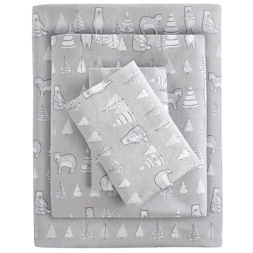SLEEP PHILOSOPHY True North Cozy Flannel Warm 100% Cotton Sheet - Novelty Print Animals Stars Cute Ultra Soft Cold Weather Bedding Set, King, Bear 4 Piece