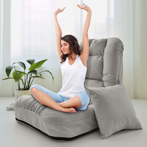 SHENG13 Folding Floor Chairs Lazy Sofa，5-Position Adjustable Backrest，Used for Home Office Reading Watching TV Games Meditation (Gray)