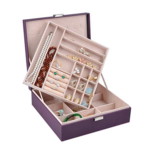 Nirong Lavie Women's Jewelry Box 2 Layer Faux Leather Square-Shaped Lockable Jewelry Storage Organizer Display Case/ Box Travel Mini Jewelry Case Gifts (Purple)