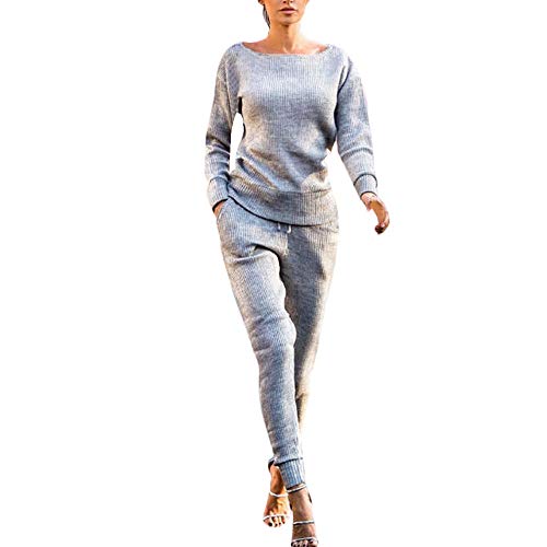 Dreamyth-Winter 2Pcs Women Solid Tracksuit Sweatshirt Regular Sleeve Long Pants Sport Lounge Wear Suit Sets (Gray, M:Bust:102cm/40.2'') - Thumbnail 2