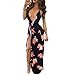 VANCOL Women's Sexy Spaghetti Strap V-Neck Backless Slit Beach Floral Print Maxi Dress (S, Navy Blue)