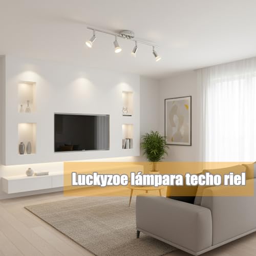 Luckyzoe Iluminación de Riel Led de 4 Luces, iluminación puntual de techo, cabezal de luz giratorio flexible, lampara de riel, 4 luz (GU10), Sin foco, Cromo