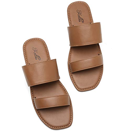 katliu Women's Flat Sandals Two Strap Slide Sandals Open Toe Brown