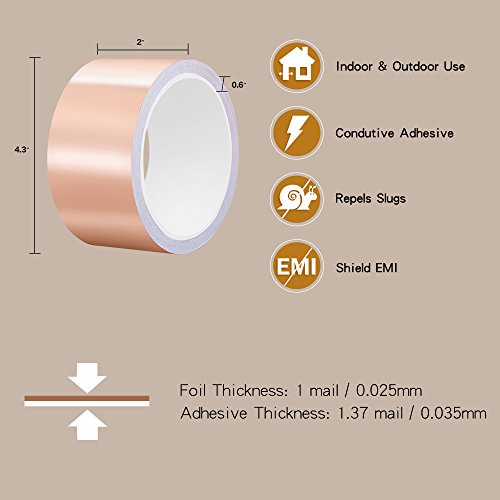 Copper Foil Tape with Conductive Adhesive for EMI Shielding Slug Repellent Paper Circuits Electrical Repairs Grounding Guitar Crafts (2inch X 33ft) - Thumbnail 2