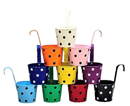 W A Dotted Metal Hanging Round Railing Planter Set of 10Pcs || 7