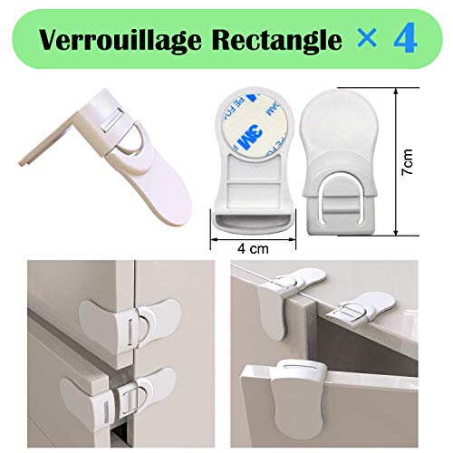 XinPei Kits de sécurité (48 pcs), 20x Norme FR Caches Prises + 10x Verrous de Tiroirs Ajustables + 10x Verrous de Placard + 4x Verrouillage Rectangle + 4x Bloque Porte Anti Pincement