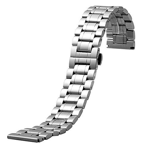 YISUYA 19mm Solid Men Silver Stainless Steel Band 1.9cm Width Wrist Watch Band Strap Push-Button Hidden Butterfly Clasp Gift for Watch