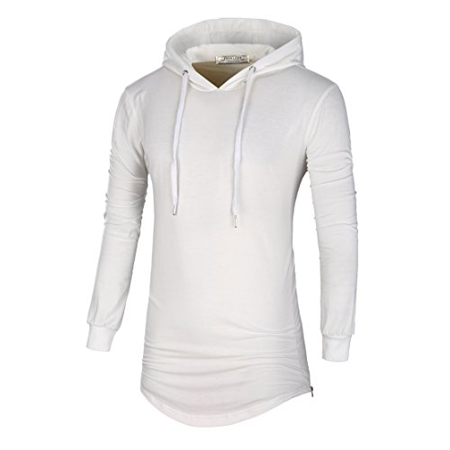 DAVID.ANN Mens Hipster Hip Hop Pullover Longline Side Zipper Long Sleeve Hooded T Shirt,White,Large