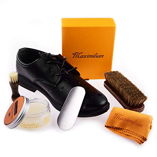MAXIMILIAN Professional Neutral Shoe Polish & Shine Kit, Horsehair Shoe Brushes/Shoe Polish Applicator Brush/Neutral Shoe Polish(80ML)/Shoehorn/Buffing Shining Cloth for Compact Shoe Cleaning Kit