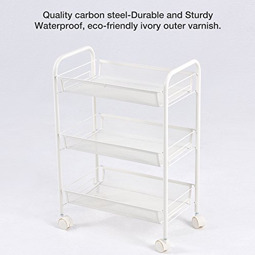 JS HOME 3-Tier Rolling Cart Kitchen Storage Cart Mesh Wire, White