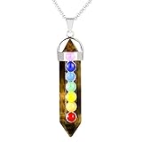 BEADNOVA 7 Chakra Natural Brown Tiger Eye Gemstone Necklace Hexagonal Healing Pendant Necklace Stainless Steel Chain 18