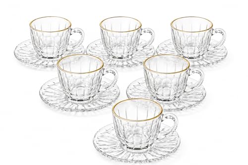 Jogo de Xícaras de Café Expresso com Pires 80ml em Vidro com Borda Dourada – Conjunto com 12 peças Elegantes (80 Millilitros)
