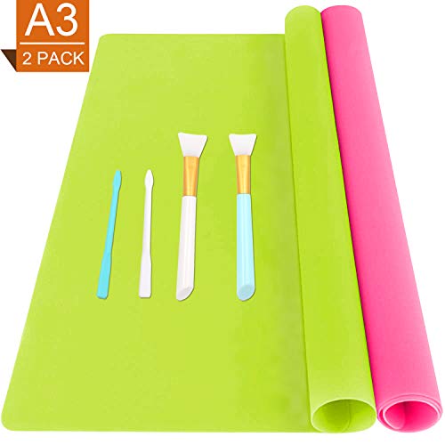 HiGift 2 Pack A3 Extra Large Silicone Mats for Crafts Jewelry Casting Molds Sheets with 2 PCS Silicone Stir Sticks 2 PCS Silicone Brushes for Crafting, Green & Pink (15.7 x 11.7 inches)